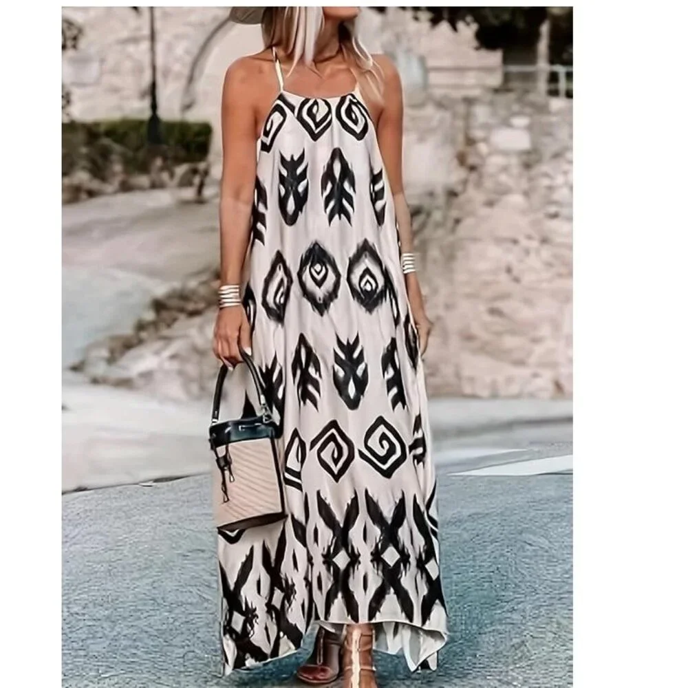 NIB - Womens Maxi Summer Dress, Pink with Black Geometric Pattern - 1X, 2X, 3X - Picture 4 of 13